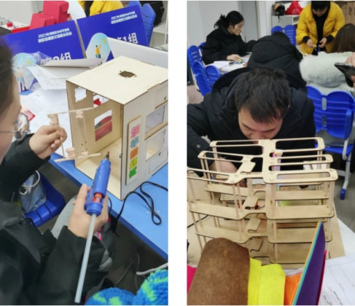 老师们认真制作属于自己的激光切割作品